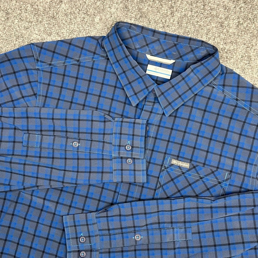 Columbia Shirt L Blue Black Plaid Performance Long Sleeve‎ Button Up Excellent